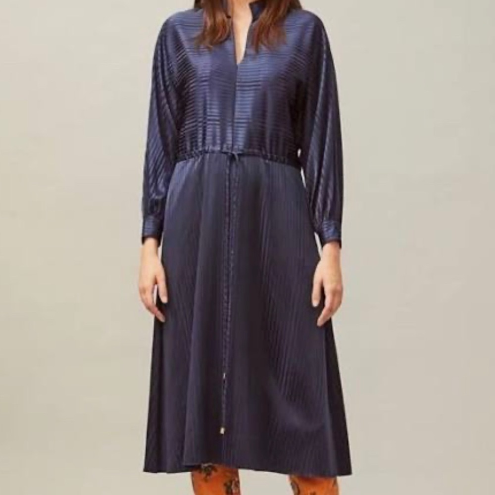 Tory Burch XS | Tory Burch Navy Blue Striped Silk Satin Long Sleeve Dress